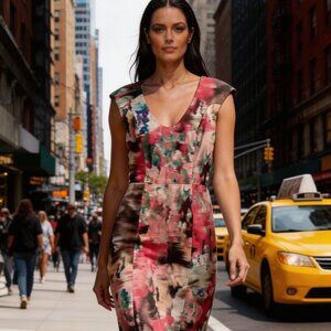 Black Halo Coral and Multicolor Abstract Midi Dress in size 2